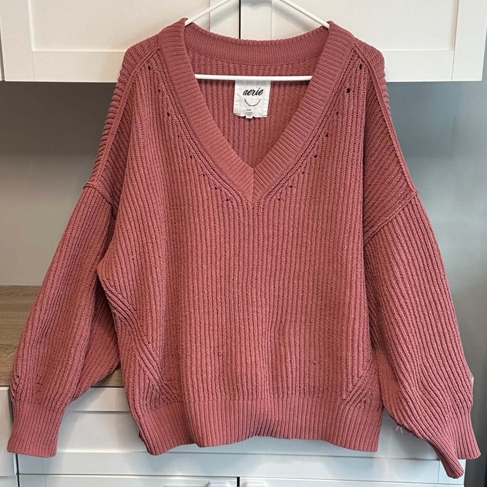 Aerie Beyond Chenille Womens V-neck Chunky Knit Sweater Oversized Pink Sz L Boxy